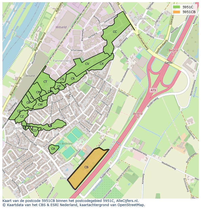 Afbeelding van het postcodegebied 5951 CB op de kaart.