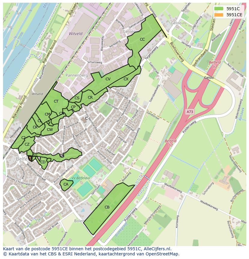 Afbeelding van het postcodegebied 5951 CE op de kaart.