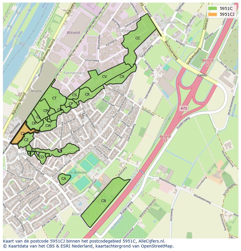 Afbeelding van het postcodegebied 5951 CJ op de kaart.