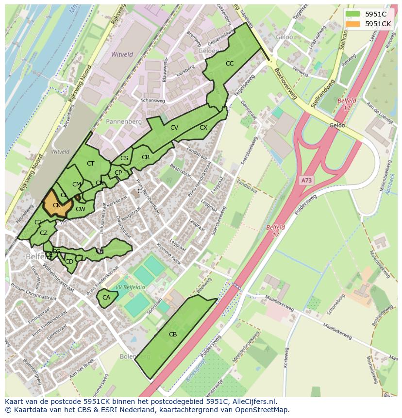 Afbeelding van het postcodegebied 5951 CK op de kaart.