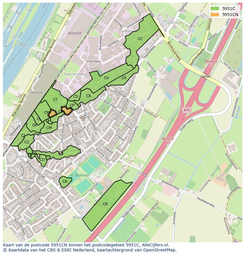 Afbeelding van het postcodegebied 5951 CN op de kaart.
