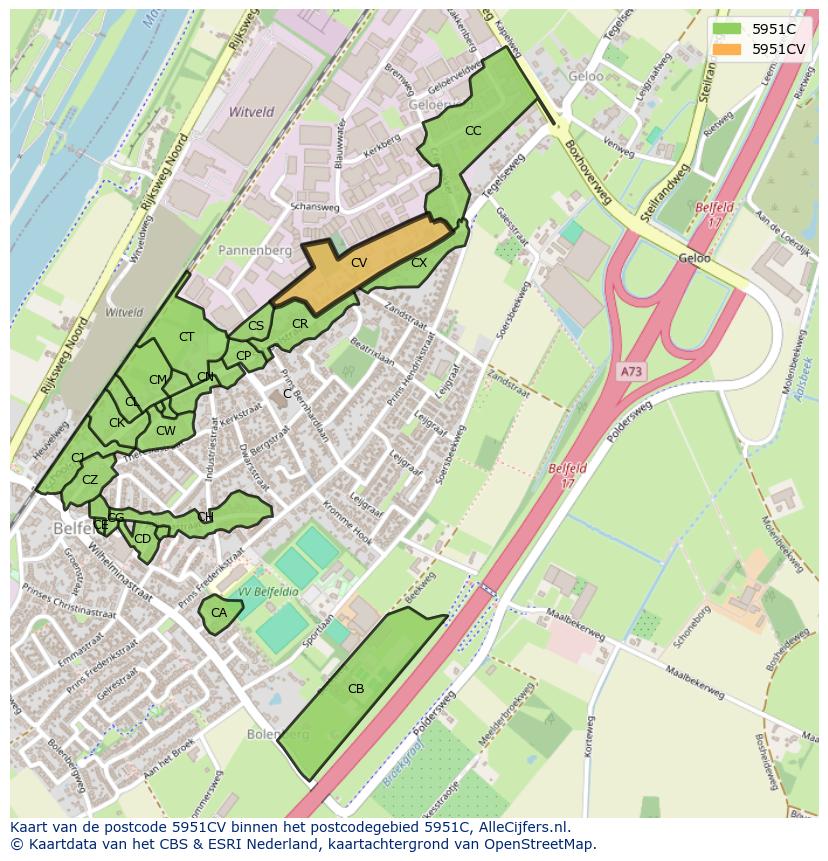 Afbeelding van het postcodegebied 5951 CV op de kaart.