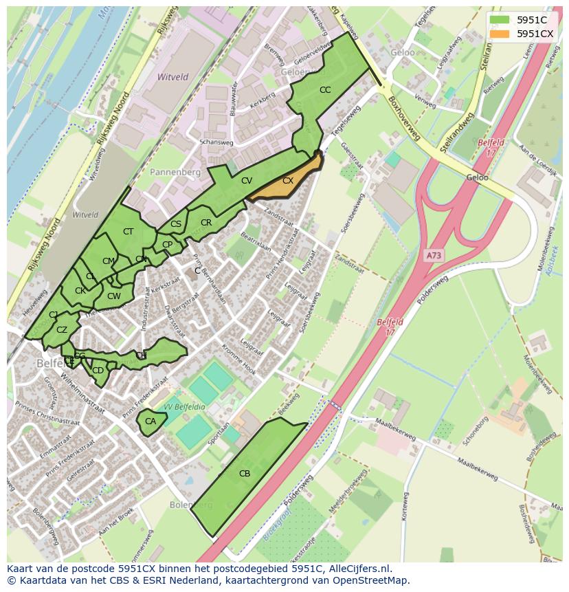 Afbeelding van het postcodegebied 5951 CX op de kaart.