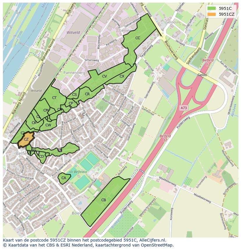 Afbeelding van het postcodegebied 5951 CZ op de kaart.