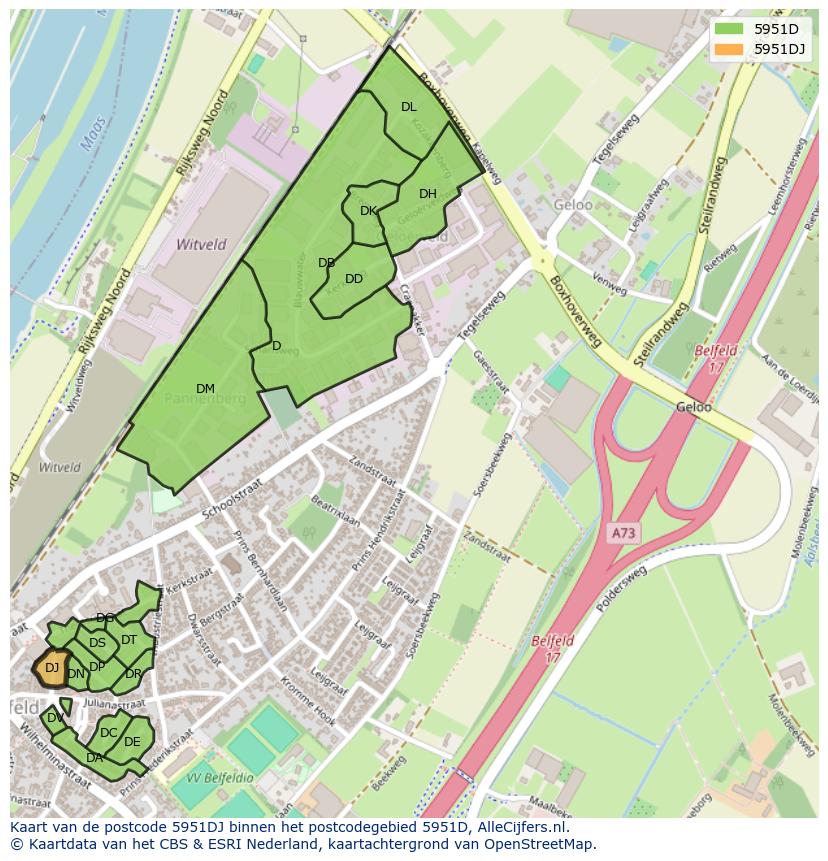 Afbeelding van het postcodegebied 5951 DJ op de kaart.