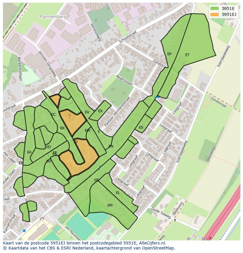 Afbeelding van het postcodegebied 5951 EJ op de kaart.