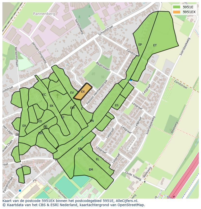 Afbeelding van het postcodegebied 5951 EX op de kaart.