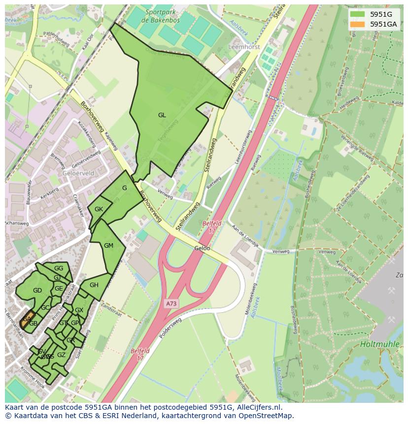 Afbeelding van het postcodegebied 5951 GA op de kaart.