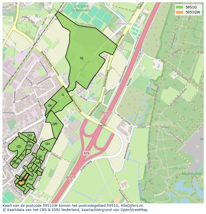 Afbeelding van het postcodegebied 5951 GW op de kaart.