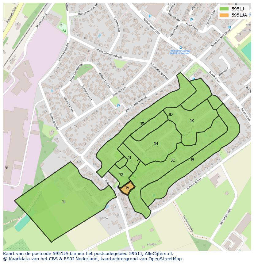 Afbeelding van het postcodegebied 5951 JA op de kaart.