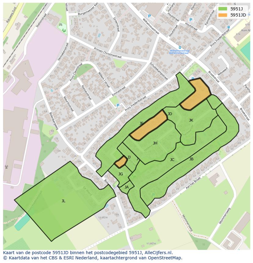 Afbeelding van het postcodegebied 5951 JD op de kaart.
