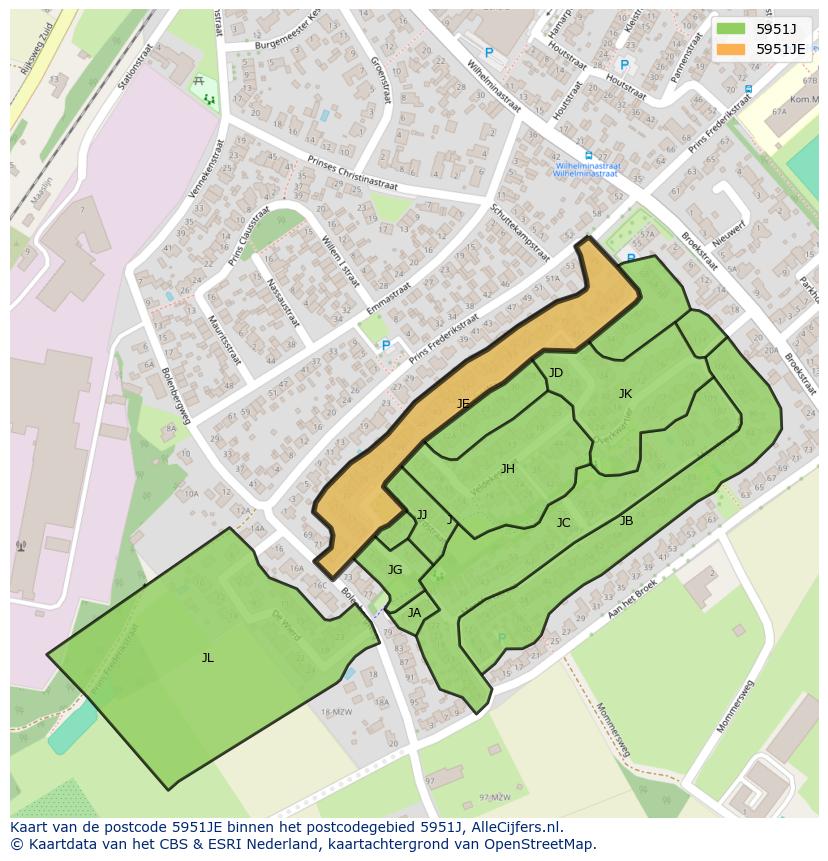 Afbeelding van het postcodegebied 5951 JE op de kaart.