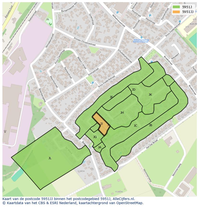 Afbeelding van het postcodegebied 5951 JJ op de kaart.