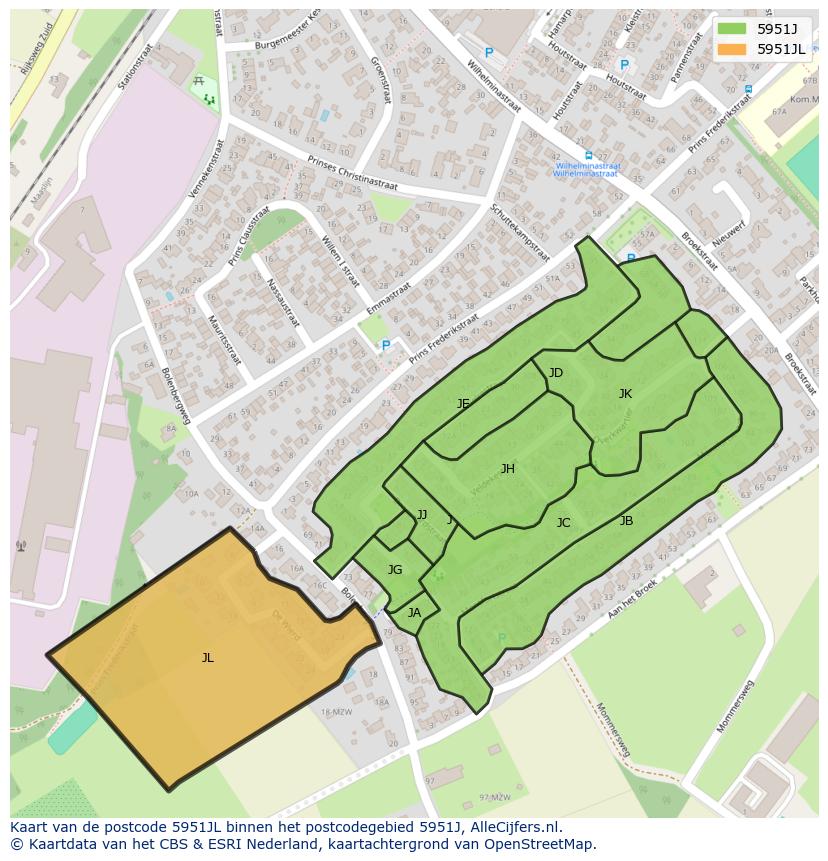 Afbeelding van het postcodegebied 5951 JL op de kaart.