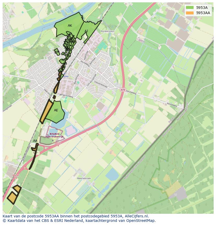 Afbeelding van het postcodegebied 5953 AA op de kaart.