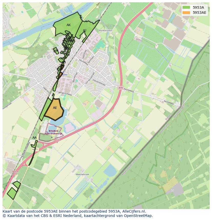 Afbeelding van het postcodegebied 5953 AE op de kaart.
