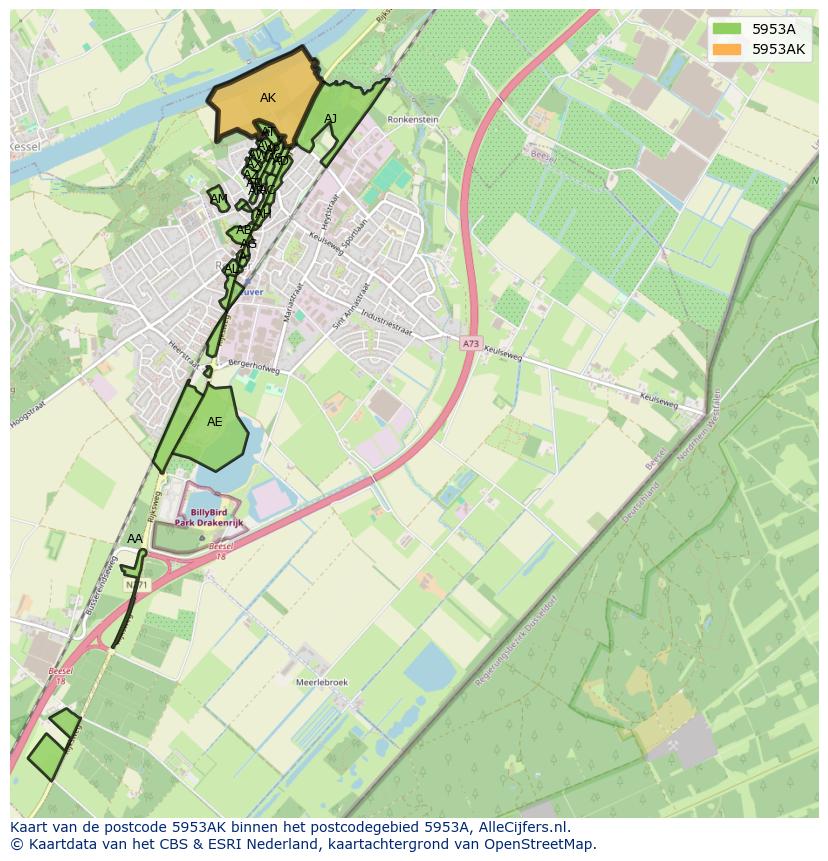 Afbeelding van het postcodegebied 5953 AK op de kaart.