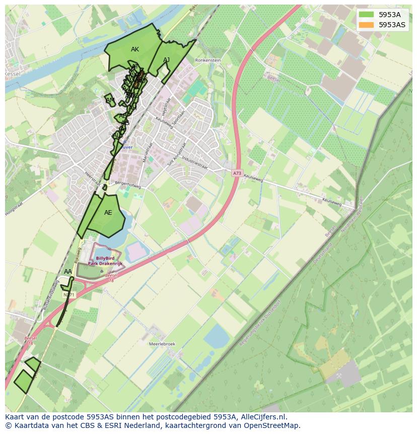 Afbeelding van het postcodegebied 5953 AS op de kaart.