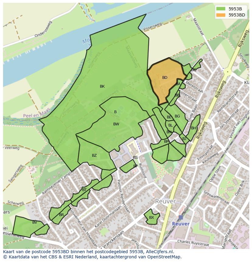Afbeelding van het postcodegebied 5953 BD op de kaart.