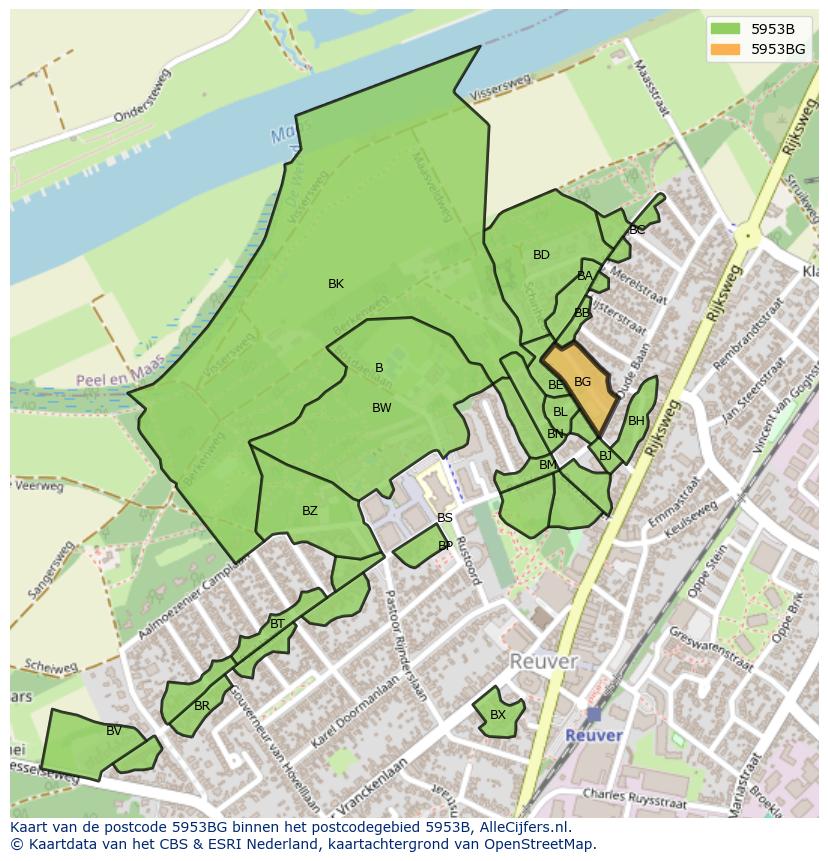 Afbeelding van het postcodegebied 5953 BG op de kaart.