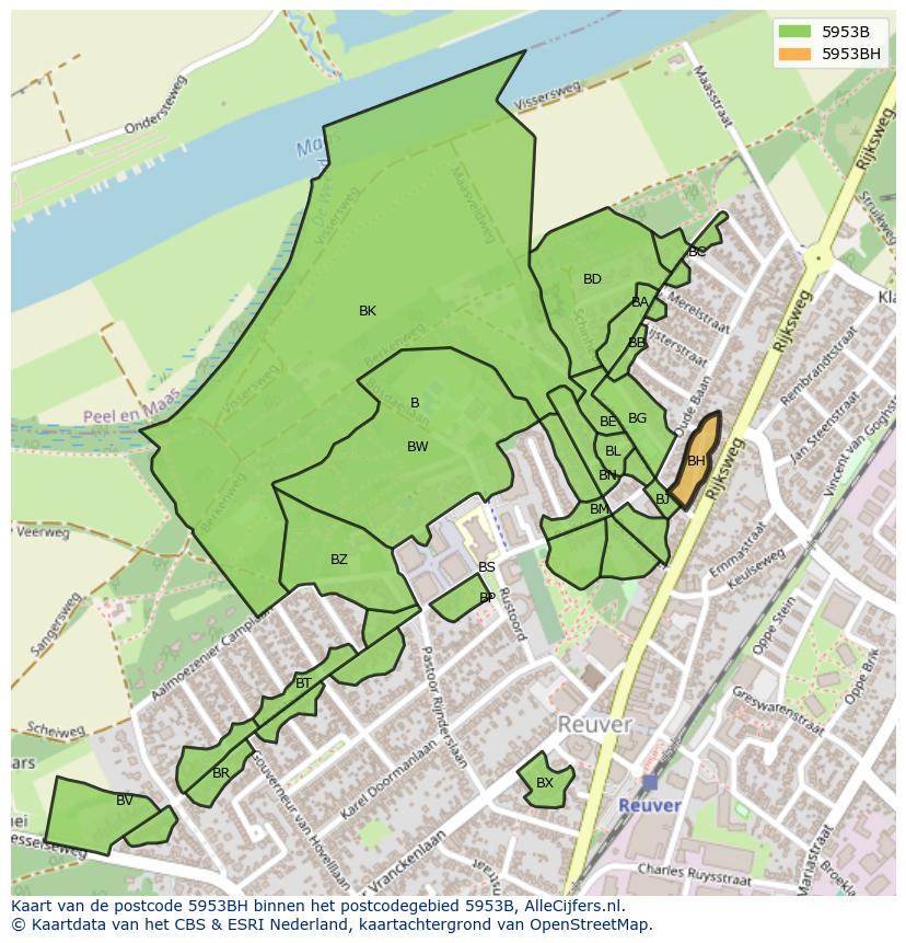 Afbeelding van het postcodegebied 5953 BH op de kaart.