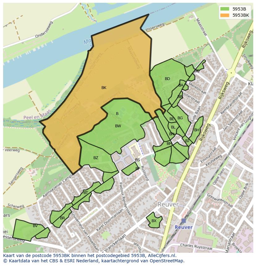 Afbeelding van het postcodegebied 5953 BK op de kaart.