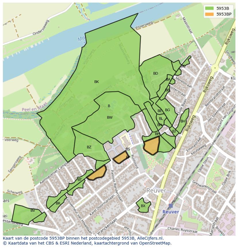 Afbeelding van het postcodegebied 5953 BP op de kaart.