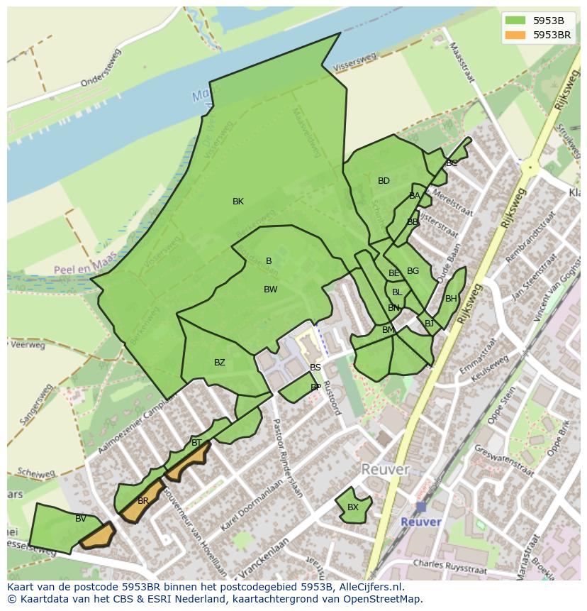 Afbeelding van het postcodegebied 5953 BR op de kaart.