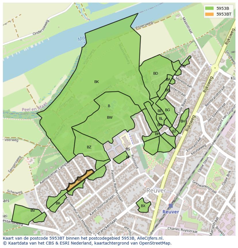 Afbeelding van het postcodegebied 5953 BT op de kaart.