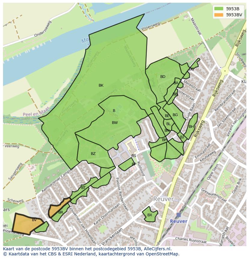 Afbeelding van het postcodegebied 5953 BV op de kaart.