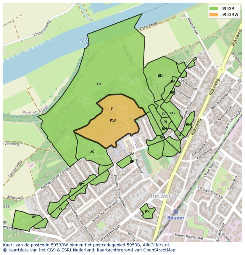 Afbeelding van het postcodegebied 5953 BW op de kaart.