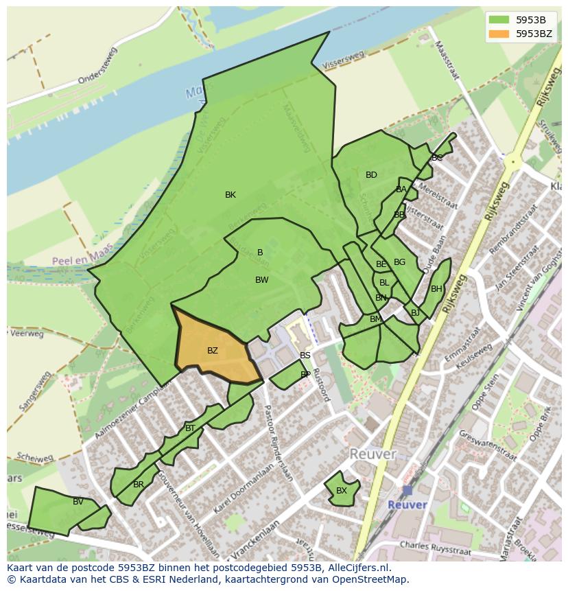Afbeelding van het postcodegebied 5953 BZ op de kaart.