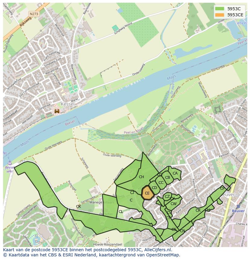 Afbeelding van het postcodegebied 5953 CE op de kaart.