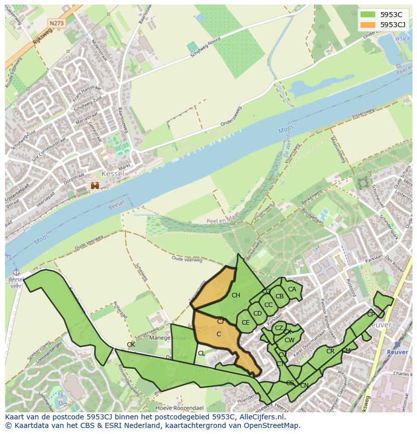 Afbeelding van het postcodegebied 5953 CJ op de kaart.