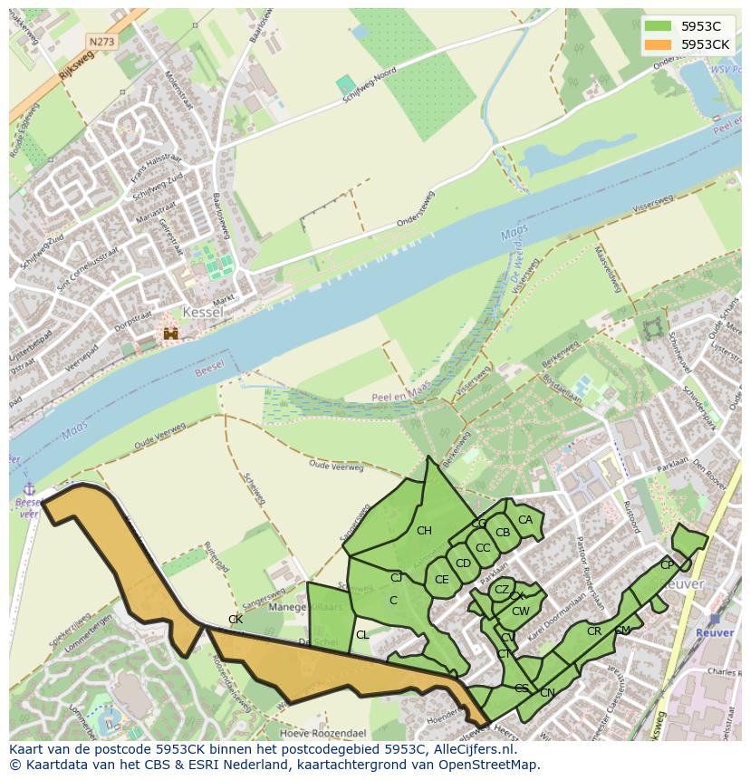 Afbeelding van het postcodegebied 5953 CK op de kaart.