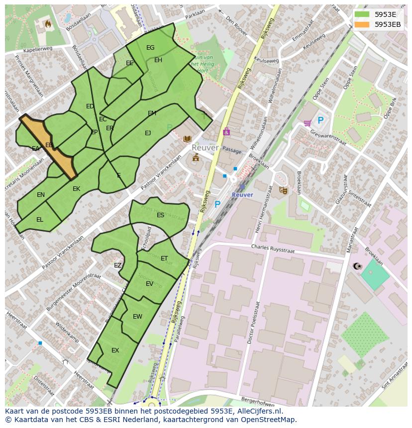 Afbeelding van het postcodegebied 5953 EB op de kaart.