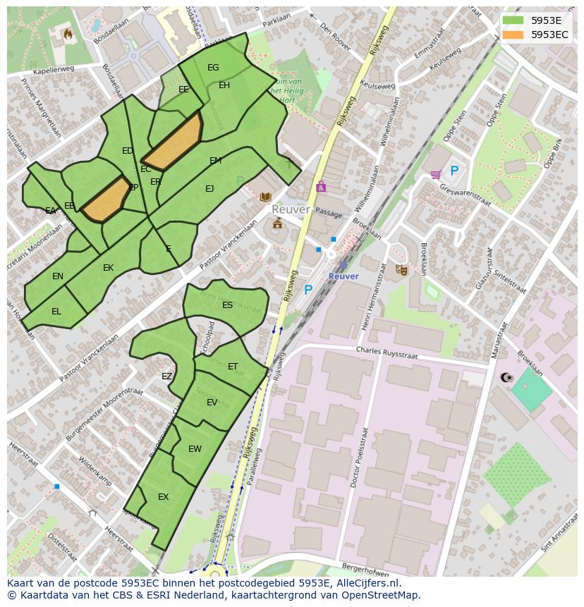 Afbeelding van het postcodegebied 5953 EC op de kaart.