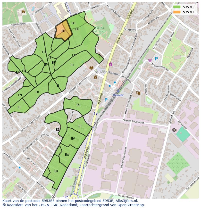 Afbeelding van het postcodegebied 5953 EE op de kaart.