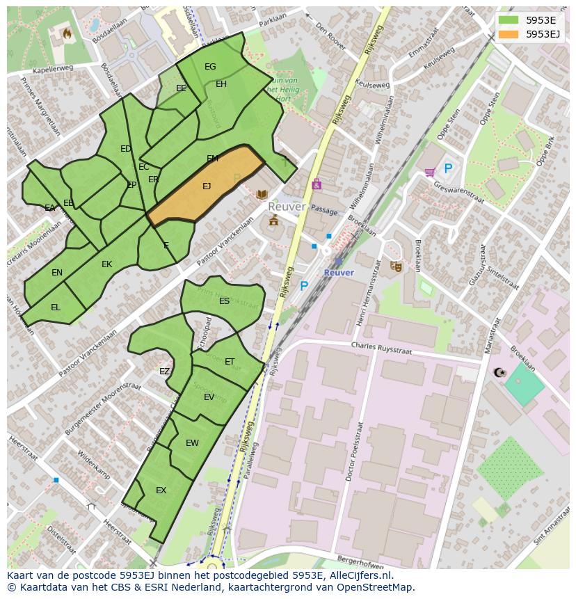 Afbeelding van het postcodegebied 5953 EJ op de kaart.