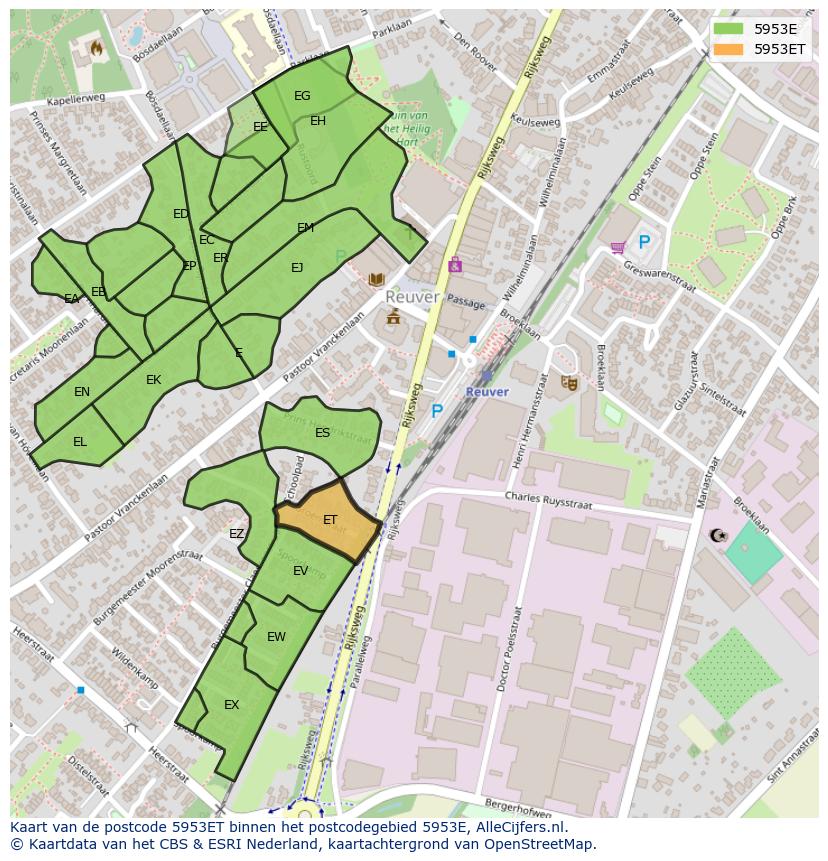 Afbeelding van het postcodegebied 5953 ET op de kaart.
