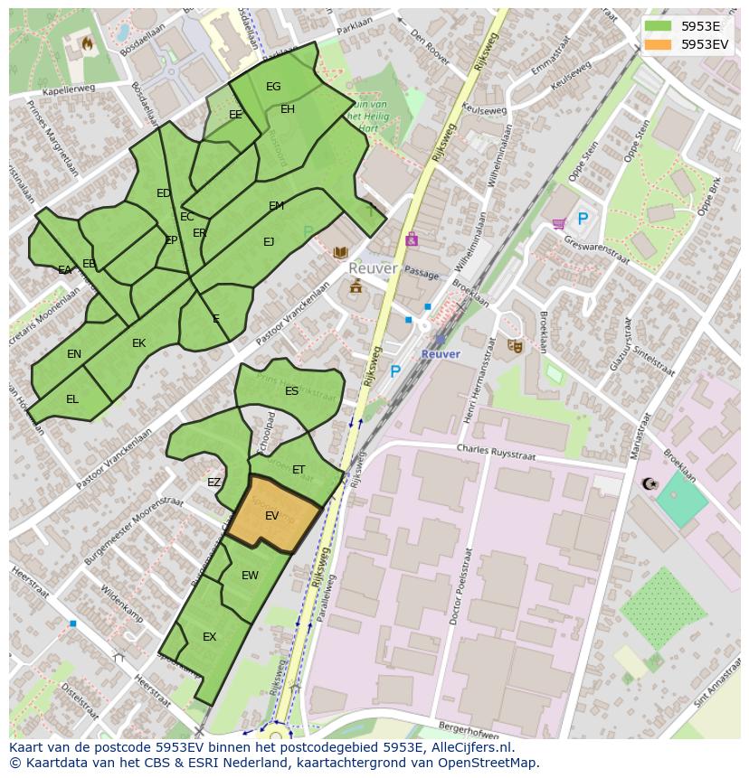 Afbeelding van het postcodegebied 5953 EV op de kaart.