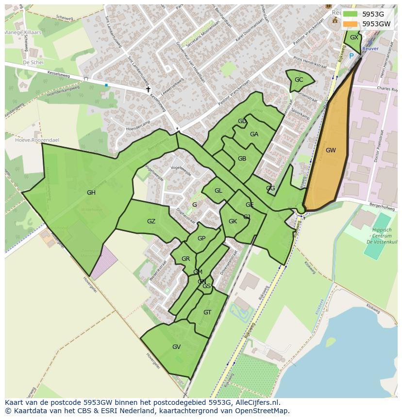 Afbeelding van het postcodegebied 5953 GW op de kaart.