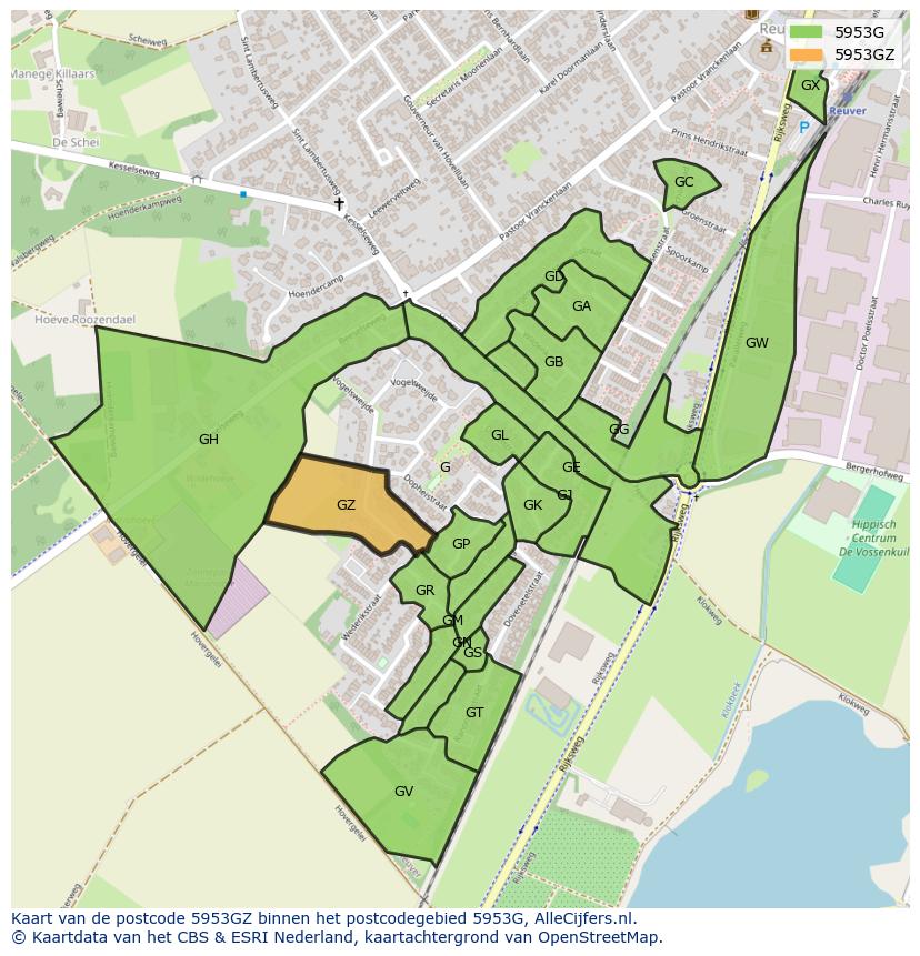 Afbeelding van het postcodegebied 5953 GZ op de kaart.