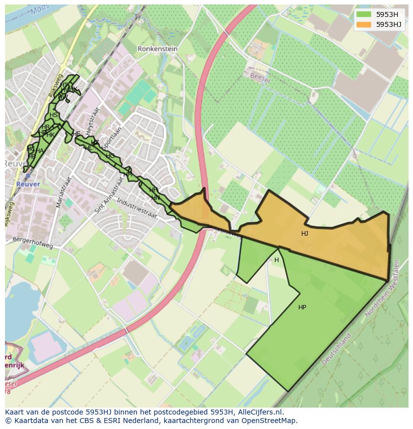 Afbeelding van het postcodegebied 5953 HJ op de kaart.