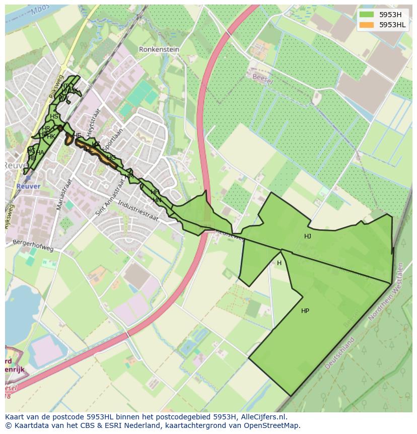 Afbeelding van het postcodegebied 5953 HL op de kaart.