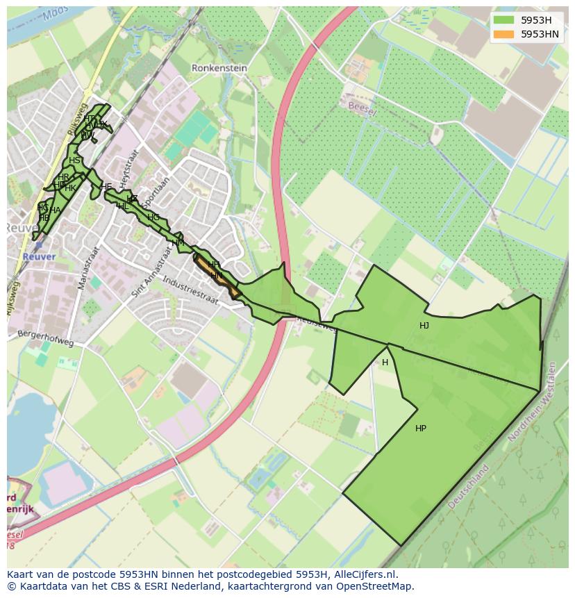 Afbeelding van het postcodegebied 5953 HN op de kaart.