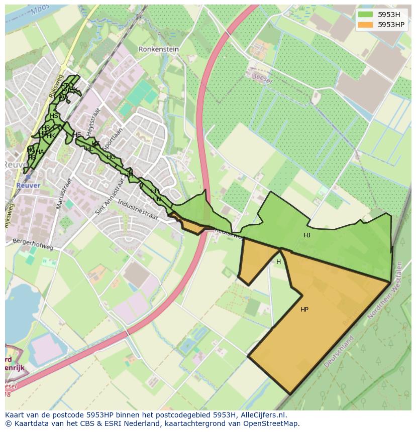 Afbeelding van het postcodegebied 5953 HP op de kaart.