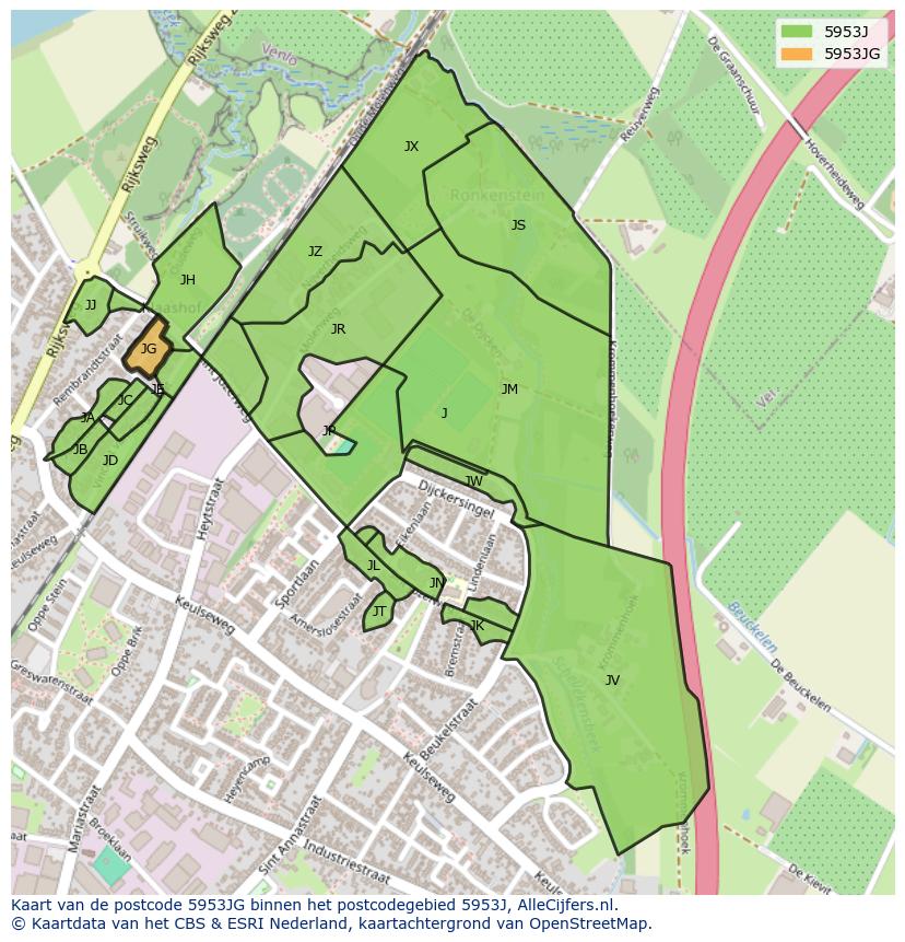Afbeelding van het postcodegebied 5953 JG op de kaart.