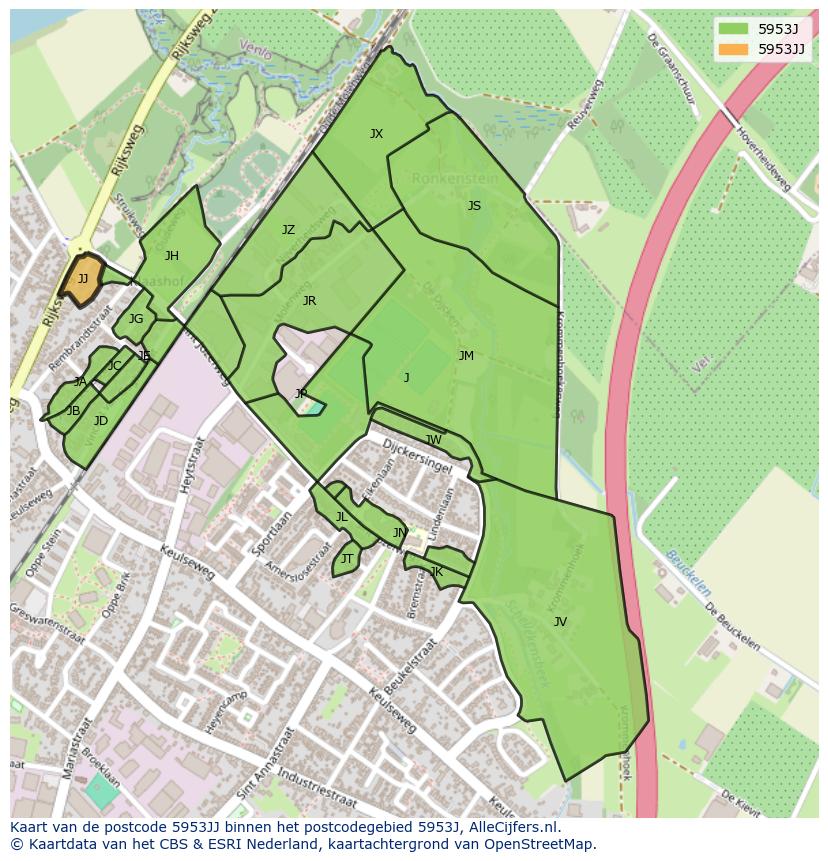 Afbeelding van het postcodegebied 5953 JJ op de kaart.