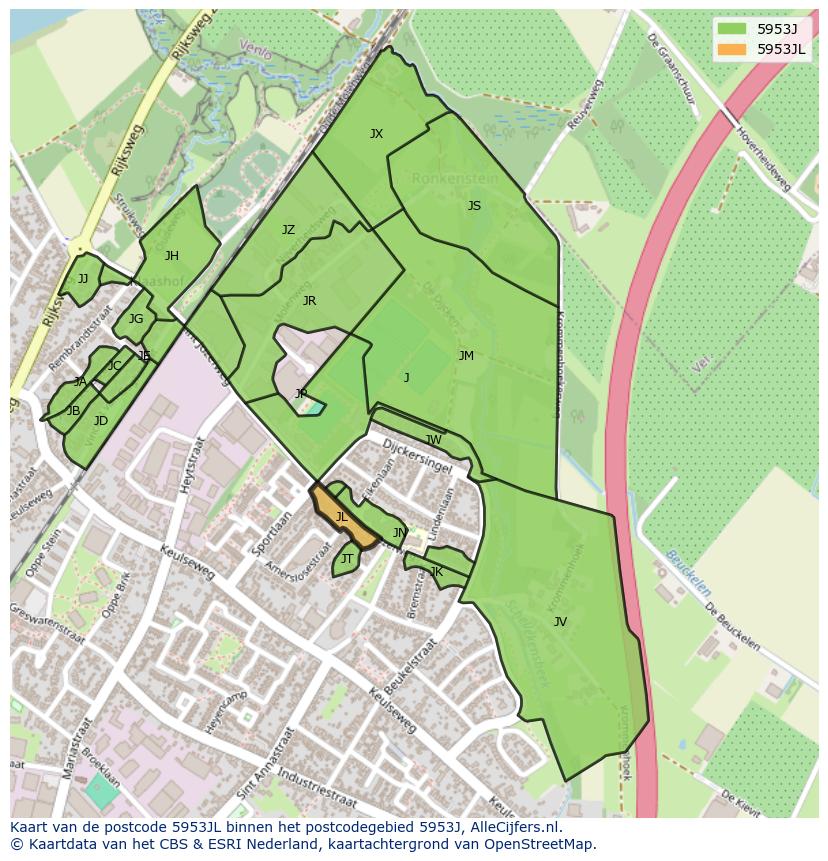 Afbeelding van het postcodegebied 5953 JL op de kaart.